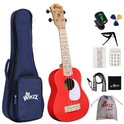 Afbeelding van Winzz Ukelele Kinderen, Volwassen Beginner Set, Sopraan 21 Inch Beginners Kit met 9 Accessoires, Verjaardag (Kleur: Rood, Hout)