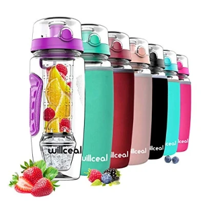 Afbeelding van Willceal Waterfles met fruit infuser, 945 ml, duurzaam afneembare ijsgelbal, groot, BPA vrij Tritan, flip deksel, dicht ontwerp, sport en camping (paars)