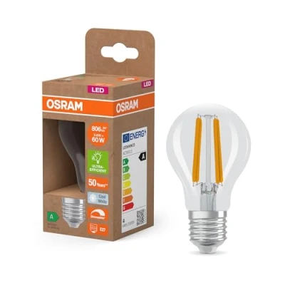 Afbeelding van OSRAM energieklasse in de vorm van een gloeilamp, 3,8 W/806 lm, EEK A, koud wit licht (4000 K), CRI 80, loodvrij helder glas, E27 fitting, IP20, 60 mm DM, 6 pak