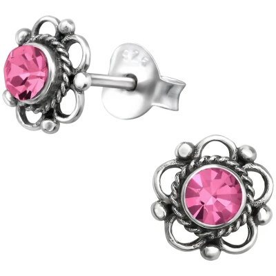 Afbeelding van JoyS Zilveren Bali bloem oorbellen 7 mm roze kristal geoxideerd
