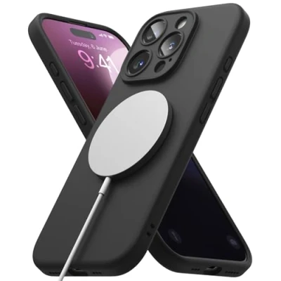 Afbeelding van Ringke Silicone Magnetic Compatibel met iPhone Pro Case, Cover Magnetisch Draadloos, Schokabsorptie Flexibele Soft Feel Hoesje Black