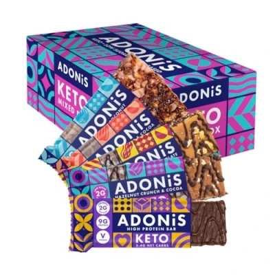 Afbeelding van Adonis Keto Mix verpakking High Protein &amp; Notenrepen (20 repen) Vegan 100% natuurlijk Vrij van gluten, suiker, palmolie en zuivel Weinig suikers, caloriën koolhydraten voor afvallen Ontbijtreep Gezonde snack dieet
