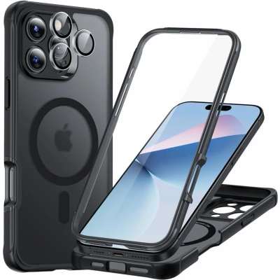 Afbeelding van ESR Armor Tough HaloLock Hoesje Geschikt voor Apple iPhone 16 Pro Max Compatibel met MagSafe Ingebouwde Screen Protector Kickstand Full Protect Camera Bescherming Frosted Zwart