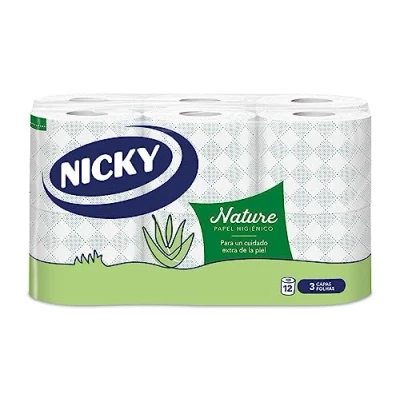 Afbeelding van Nicky Nature Toiletpapier, verpakking met 12 rollen, 170 vellen 3 lagen, verrijkt aloë vera lotion, comfortabel en zacht, recyclebare verpakking, 100% pure cellulose, FSC gecertificeerd
