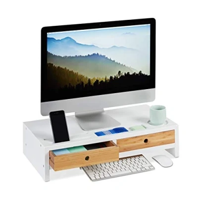 Afbeelding van Relaxdays Monitor standaard beeldschermverhoger 2 lades bamboe wit