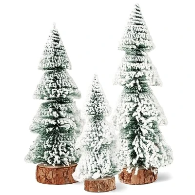 Afbeelding van COLOFALLA Mini kerstboom, 3 stuks, dennenboom, tafeldecoratie met houten basis, kunstkerstboom, tafeldecoratie, cadeaus voor Kerstmis (C)