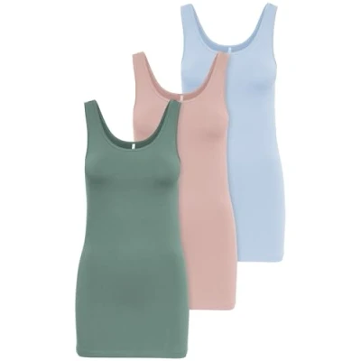 Afbeelding van ONLY Set van 3 basic tanktops voor dames, wit, zwart, grijs, blauw, crème, lange zomershirts top 15201465, kleurenmix 2, XL