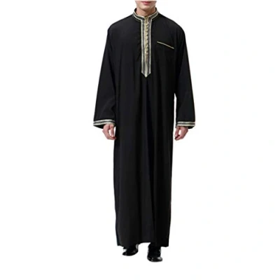 Afbeelding van KRUIHAN Kaftan lange gebedskleding voor heren, islamitische kleding, moslimjurk, mouwen, Arabische abaya robe met zakken, geschenken, Stijl C zwart, M