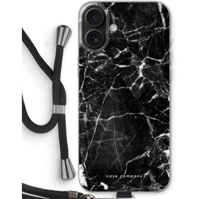 Afbeelding van Case Company® hoesje met Koord geschikt voor iPhone 16 Plus Zwart Marmer Telefoonhoesje Bescherming aan alle Kanten en Over de Schermrand