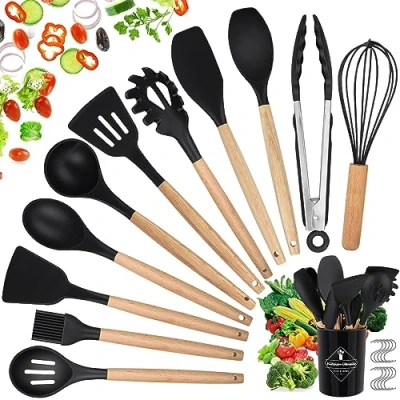 Afbeelding van hicoosee set keukengerei, 22 stuks, siliconen kookgerei, natuurlijke houten handgrepen, kookgereedschap, BPA vrij, niet giftig, anti aanbaklaag, hittebestendige met