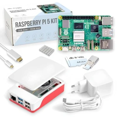 Afbeelding van Raspberry Pi 5 4 GB Starter Kit 64 microSD USB C 27W voeding Behuizing met ventilator Micro HDMI kabel 1m koellichaam