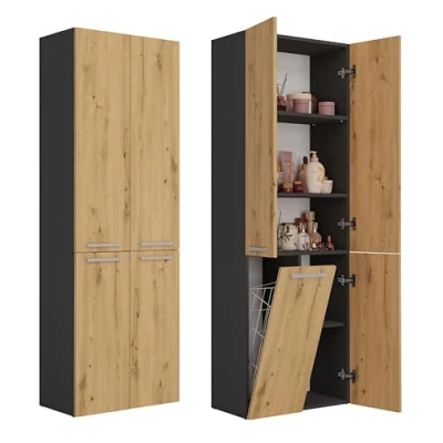 Afbeelding van CDF Hoge badkamerkast NEL 1K DD Kleur: eiken artisan/antraciet modern badkamerrek opbergkast ruime planken deuren eenvoudige montage 1 wasmand stijlvolle handgrepen