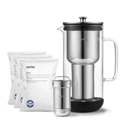 Afbeelding van Aarke Purifier, Waterfilterkan van Glas en Roestvrij Staal, 2.4L + Pakket Met 3 Pure Filternavulzakken