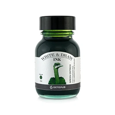 Afbeelding van Octopus Fluids Write and Draw Ink 359 Green Ostrich waterdichte inkt om te schrijven en tekenen kalligrafische lichtechte tekeninkt voor vulpen groen 50 ml
