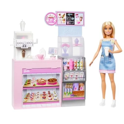 Afbeelding van Barbie Koffiebar, speelset met blonde baristapop en 12 accessoires, waaronder koffiezetapparaat/smoothiemaker, levensmiddelen, kopjes meer, HXN94