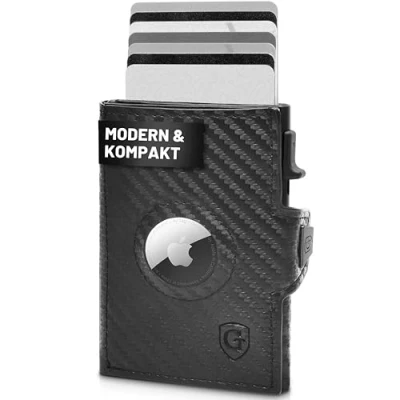 Afbeelding van GenTo Smartlet Push Portemonnee met muntenvak, metalen hoes, slim wallet, TÜV geteste RFID NFC bescherming, kleine portemonnee, dunne smalle kaarthouder, carbon, Münzfach S + AirTag Halter, Modern