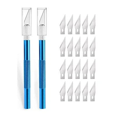 Afbeelding van 2 stuks cutter voor doe het zelf kunst werk snijden, scalpel met 20 reservemesjes, knutselmes, cuttermes, hobbymes, snijmes, caving, sculptuur, raamfolie, lakbeschermingsfolie (blauw)