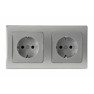 Afbeelding van DELPHI Inbouwstopcontact, 2 voudig, geaard stopcontact met verhoogde aanraakbeveiliging, frame, kleur zilvergrijs