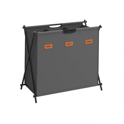 Afbeelding van SONGMICS wasmand, 135 liter wasbox, 3 vakken, opvouwbaar X frame, individuele labels, voor wasruimte, slaapkamer, badkamer, leisteengrijs LCB130G01
