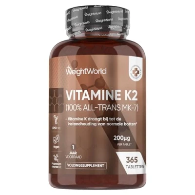 Afbeelding van WeightWorld vitamine K2 MK 7 tabletten 200 mcg 365 voor 1 jaar voorraad Vegan K