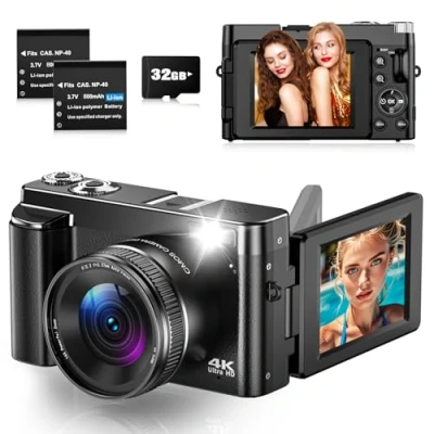 Afbeelding van digitale camera, 4 K, 48 MP, autofocus, camera&#039;s met 180 graden inklapbaar display, compacte 4K camera 32 GB kaart, 16 x zoom voor beginners, jongeren