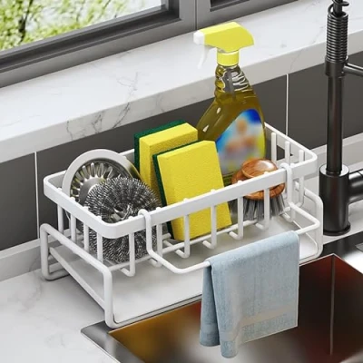 Afbeelding van Edumov Gootsteen Caddy Organizer, RVS Spons Houder Spoelbak met Afneembare Afvoerbak, Keuken Sink Organizer Vaatdoek Hanger (Wit)