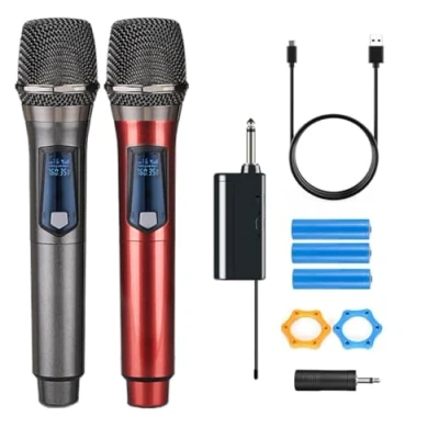 Afbeelding van HUACAM draadloze microfoon, oplaadbare dubbele handheld dynamische microfoon voor karaoke zingen, bruiloft, DJ, feest, toespraak, kerk, klasgebruik, PA systeem,