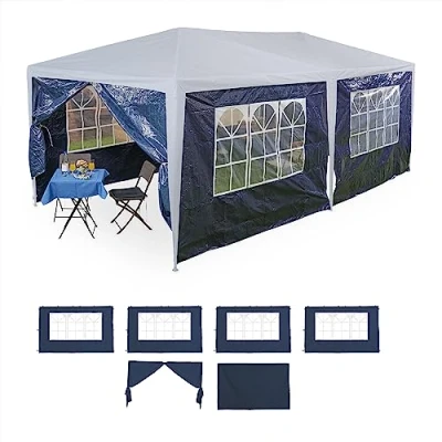 Afbeelding van Relaxdays zijwanden partytent, set van 6, zijkanten feesttent, waterdicht, 2x3 m, ramen en deur, PE, losse zeilen, blauw