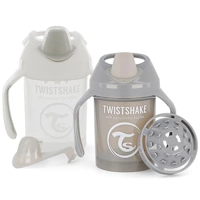 Afbeelding van Twistshake 2x Non Spill Mini Baby Drinkbeker Met Zachte Tuit &amp; Fruit Mixer 230ml Lekvrije Waterfles BPA Vrij Oefenbeker Voor Kinderen Grijs Wit