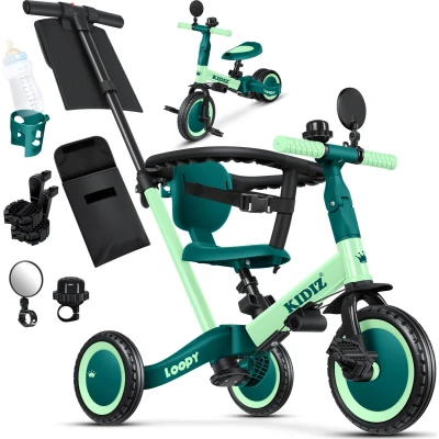 Afbeelding van Kidiz® Loopfiets, 6 in 1, driewieler, van 1 tot 5 jaar, loophulp, belastbaar 25 kg, met stuurstang, veiligheidsbeugel, veiligheidsgordel, bel en spiegel, groen