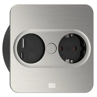 Afbeelding van Bachmann inbouw stopcontacten twist 2 1x 230v ra usb a c chrgr 2m stekker los bijgeleverd vierkant rvs look 946 005