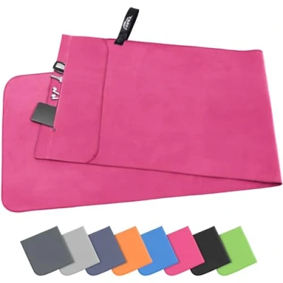 Afbeelding van Pameil microvezel handdoeken, 120 x 50 cm, fitnesshanddoek met ritssluiting, compacte en sneldrogende sporthanddoek, strandhanddoek, badhanddoek (roze rood)