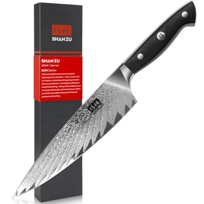 Afbeelding van SHAN ZU koksmes, keukenmes, chef 20 cm professioneel mes, Damascus koolstof AUS 10 roestvrij staal, scherp lemmet, ergonomisch G10 handvat, prachtige geschenkverpakking