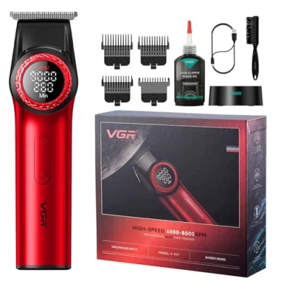 Afbeelding van VGR 977 Professionele Tondeuse voor Mannen, 8000 Omw/min T Blade Trimmer, Draadloze Kappersnijder met Nulafstand, Oplaadbare Randkappers LED Display, Rood