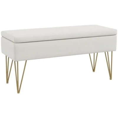 Afbeelding van HOMCOM Bank Einde 2 in 1 stoffen linnenlook met speldpoten van goudkleurig staal, 100 x 40 49 cm, crème