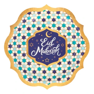 Afbeelding van Eid Mubarak Borden Blauw Goud 23 cm 8 stuks