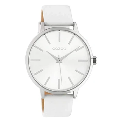 Afbeelding van Oozoo Dameshorloge met lederen band 42 MM zilverkleurig/wit C10610