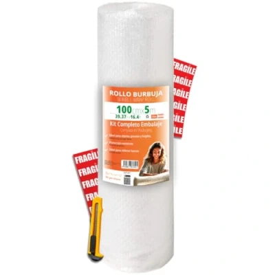 Afbeelding van OFITURIA Luchtkussenfolie, 100 cm x 5 m, complete set met cutter + 12 frisse etiketten, voor verhuizing, verpakking, luchtkussenfolie