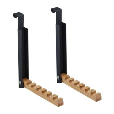 Afbeelding van Relaxdays deurhaak 2x, inklapbaar, voor 6 kledinghangers, deurkapstok, metaal &amp; hout, deurdiktes tot 2 cm, zwart