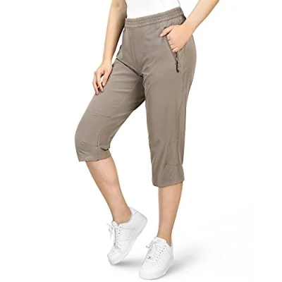 Afbeelding van 33,000ft Dames 3/4 broek capri wandelbroek stretch lichte fietsbroek zakken zomer outdoor golfbroek, Kaki, 40