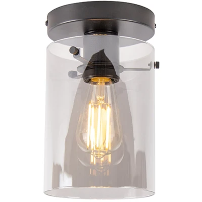 Afbeelding van QAZQA Design plafondlamp zwart met smoke glas Dome