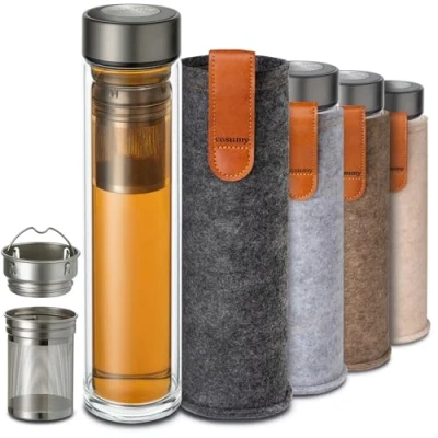 Afbeelding van Theefles met Filter Glazen voor Thee 500ml Dubbelwandig Glas vilten zakje Hittebestendig Lekvrij Vaatwasmachinebestendig (Antraciet)