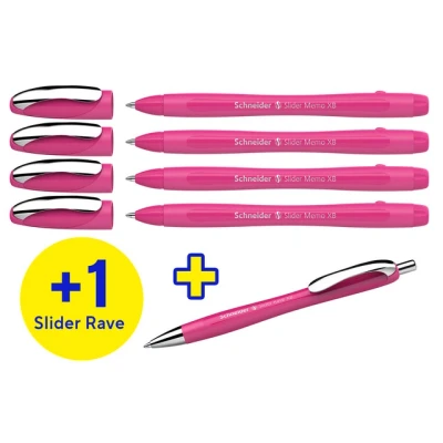 Afbeelding van Schneider 150265 Slider Memo XB en Rave balpen (kleur behuizing: power pink, schrijfkleur: blauw) 4 + 1 stuks