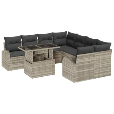 Afbeelding van vidaXL 9 delige Tuin Sofa Set met Kussens Lichtgrijs Poly Riet