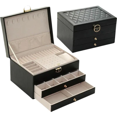Afbeelding van ATV PERFECTUM Luxe Sieradendoos zwart Juwelendoos 3 lagen Sieraden Doos Dames Sieradenhouder Tijdloos Design Kunstleer Bijouteriedoos