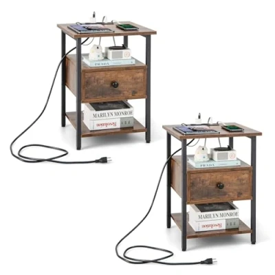 Afbeelding van COSTWAY Set van 2 nachtkastjes met laadstation en lade, nachtkastje open planken, nachtkastje, bijzettafel voor slaapkamer, woonkamer, 40 x 55 cm
