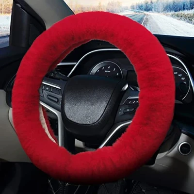 Afbeelding van Pahajim Pluizige stuurwielhoezen, zachte harige auto antislip pluche stuurhoes warme wol universeel 36 39 cm winterautodecoratie voor vrouwen (rood)