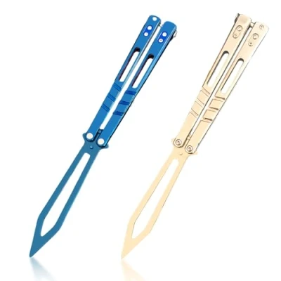 Afbeelding van MEGYAD Butterfly Trainer 2 stuks: vlindermes om te oefenen, ongeslepen lemmet, vlinderkam, roestvrij staal, voor balisong, trainingsmes, beginner, de flippingtrucs (wit + blauw)