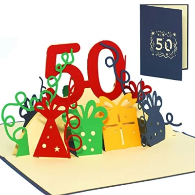 Afbeelding van LINPOPUP® Pop upkaart voor 50e verjaardag, 3D verjaardagskaart met envelop, Happy Birthday, cadeaubon cadeau vriend, man, jubileum, 50 cijfers, blauw, N21