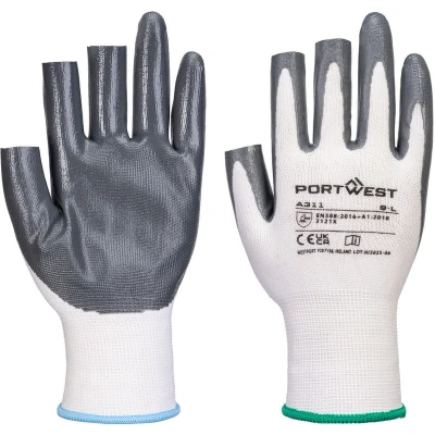Afbeelding van Portwest Grip 13 Nitril 3 vingerloze Handschoen (Pk12) Wit/grijs S